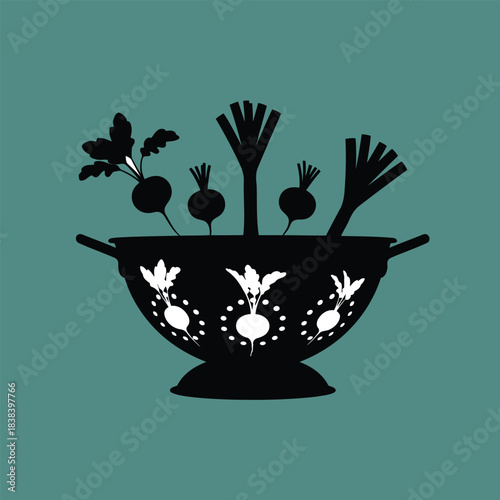 Black silhouette of beets in colander on teal background
