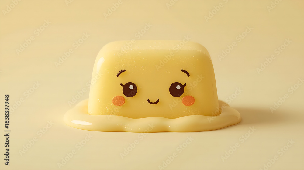 Fototapeta premium Melting Butter Block with Smiling Face and Creamy Drips – Whimsical Kitchen Illustration