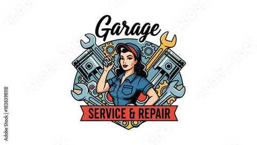 Mechanic Garage Service Logo: A vintage-inspired logo showcases a mechanic in a garage setting, surrounded by tools and auto parts, ready for service and repair.