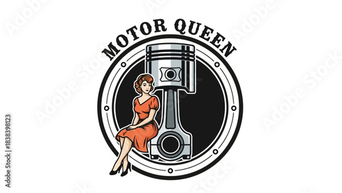 Vintage Motor Icon: An artistic emblem embodies the spirit of automotive prowess, featuring a lady and engine piston. It is perfect to decorate your brand