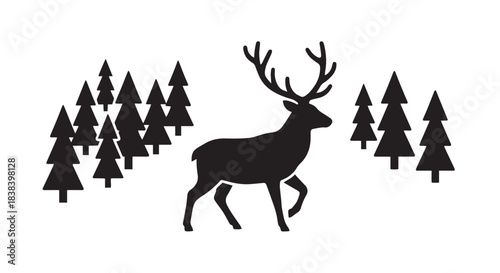 Silhouette illustration of a deer with antlers standing in a forest