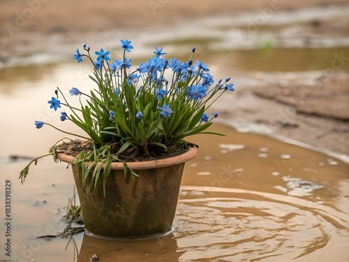 Small pot with blue flowers in mud with rain water.
