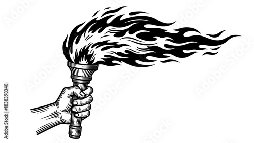 A hand holding a flaming torch with fire blowing to the right in a dramatic illustration.