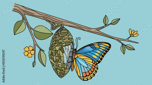 A colorful butterfly emerging from its chrysalis on a tree branch with leaves and yellow flowers.