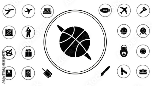 A black and white illustration of a basketball with a line through it, surrounded by a circle and various icons.