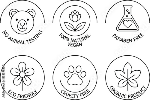 Eco friendly natural vegan organic cruelty free badges labels stamps icons for sustainable product certification and branding vector