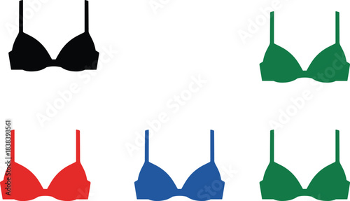 Women’s bra silhouette vector set featuring multiple colorful minimalist underwear icons designed for fashion branding, lingerie illustration, clothing graphics, and apparel templates.
