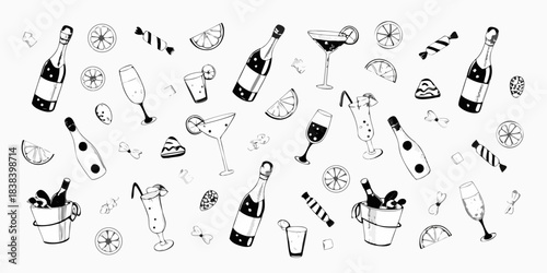 Black and white illustration of various champagne bottles glasses and citrus fruits