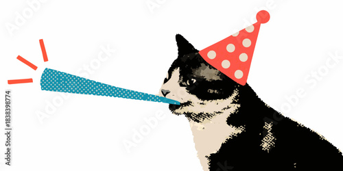 A black and white cat with a party hat blowing a party horn