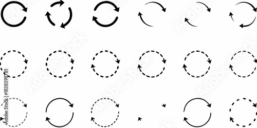Various circular arrow and dotted circle designs arranged in neat rows