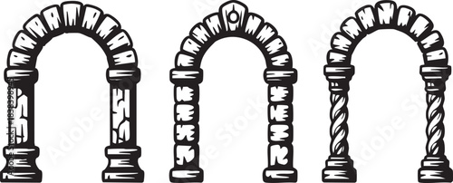 Stone arch frame set, hand drawn fantasy portal doorway, ancient medieval gate ruin ink illustration. Architecture facade archway, old rock column entrance exterior. Engraved stone castle arch clipart