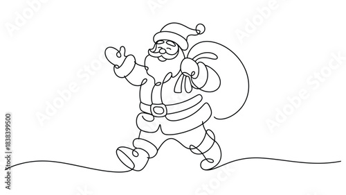 Continuous line art illustration of cheerful Santa Claus walking with gift sack in a minimal festive Christmas holiday design for seasonal greeting themes