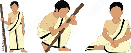 Cartoon children in traditional attire with staff in seated, squatting, and standing poses for cultural and educational themes.