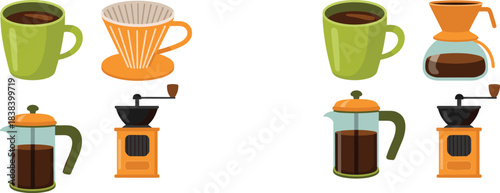 Cartoon coffee brewing equipment set with mugs, grinders, French press, and pour-over tools for café and kitchen themes.