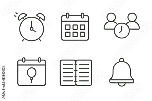 Minimalist icon set: alarm, calendar, schedule, book, reminder, people