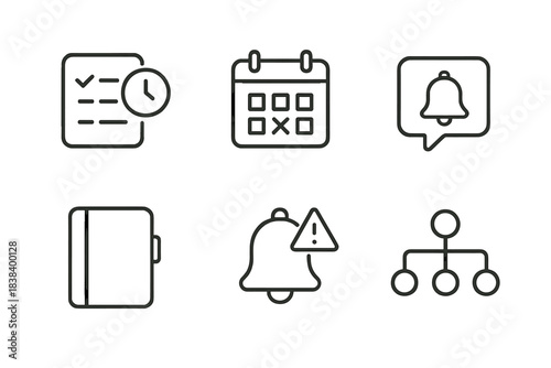 Minimalist line icons: checklist, calendar, notifications, planner, alert, flowchart