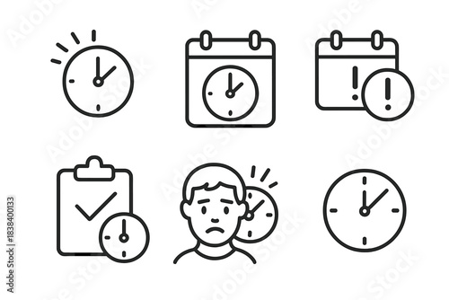 Time management icons featuring clocks and calendar alerts