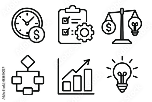 Business icons set featuring clock gear checklist scales graph light bulb
