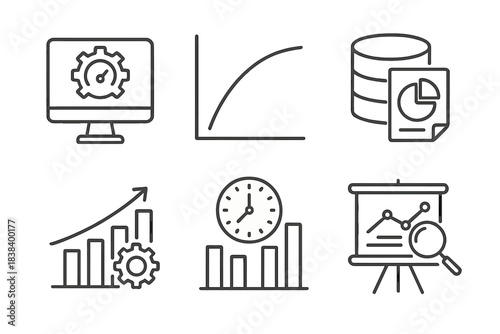 Data visualization and analysis icons for graphs, charts, and reports