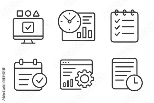 Minimalist icons for task management and scheduling in line art style