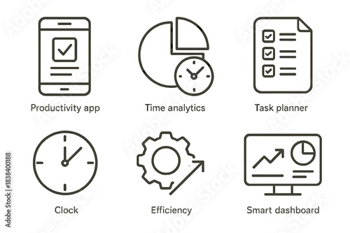 Icons of productivity tools: app, analytics, task planner, clock, efficiency, dashboard
