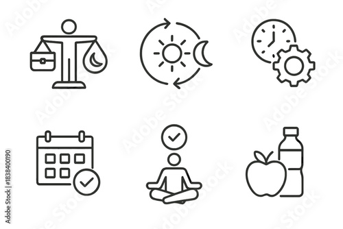 Icons of work-life balance, time management, and healthy lifestyle