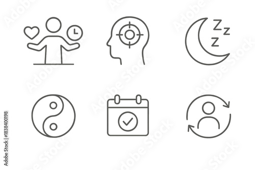 Wellness icons: health, mindfulness, sleep, balance, schedule, renewal