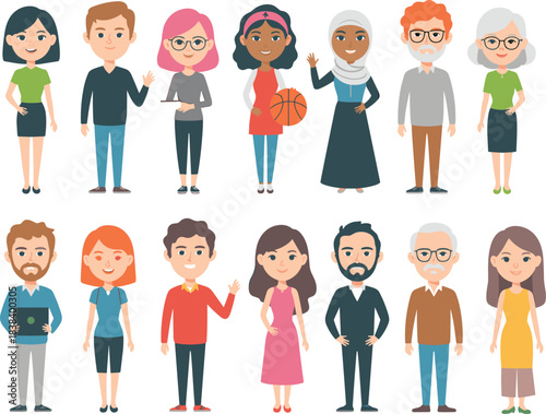 Cartoon diverse character set featuring sixteen individuals with varied outfits, accessories, and gestures for social and educational themes.