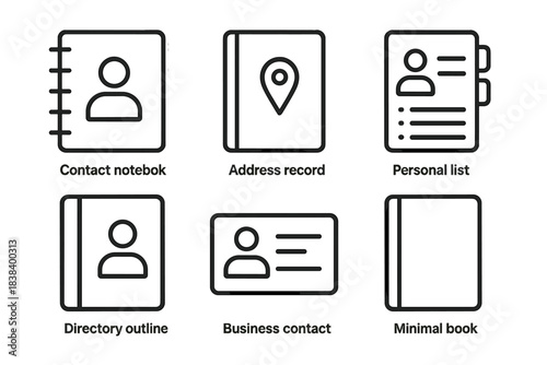 Simple contact icons set featuring notebook address record and personal list