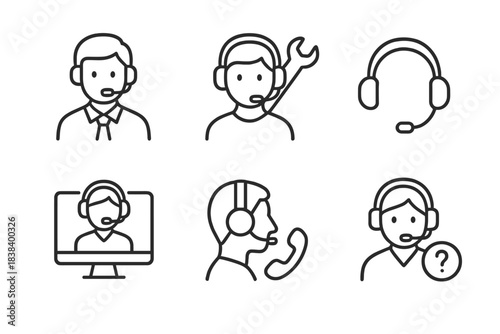 Customer service icons with headsets and support tools
