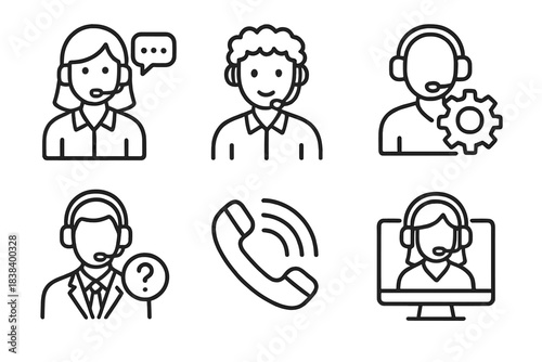 Customer support icons collection: call center operators and communication tools