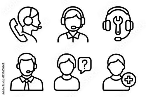 Customer support icons: headset, profile, help with symbolic outlines