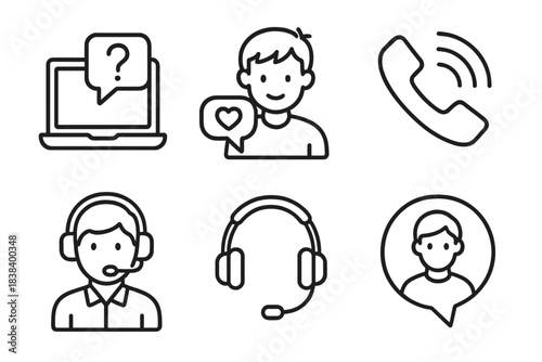 Customer support line icons: communication, assistance, technology symbols