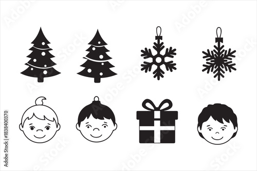 Christmas icons: tree, snowflake, gift, and child faces isolated