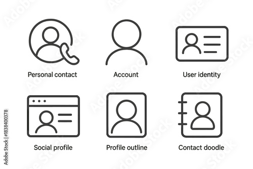 Minimalist icon set: profile, identity, and contact symbols