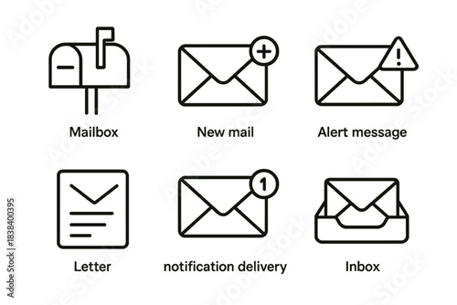 Mailbox and envelope notification icons: new mail, alerts, inbox, and letter delivery symbols