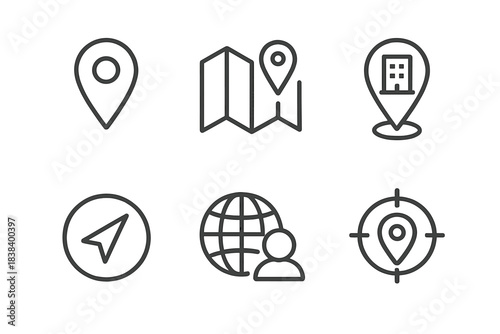 Set of location and navigation icons representing gps, map, and direction concepts