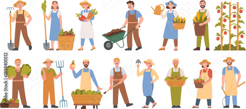 Cartoon farmer and gardener character set with tools, produce, and planting actions for agriculture, harvest, and lifestyle themes.