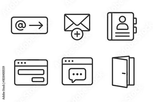 Email and contact interface icons including message, address book, and login symbols