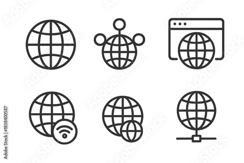 Global internet connectivity icons set with network and browser symbols