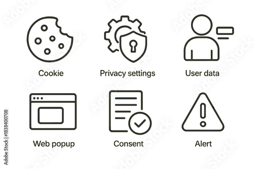 Web interface icons set featuring cookie, privacy, user data, and alert symbols