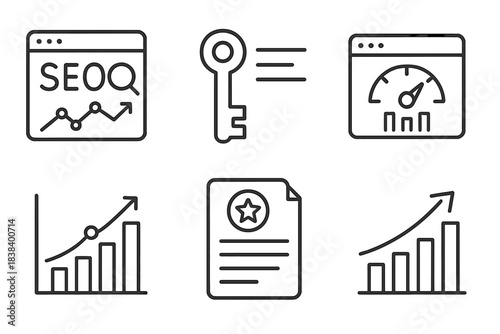 Seo optimization icons: key, performance, and growth metrics in black and white