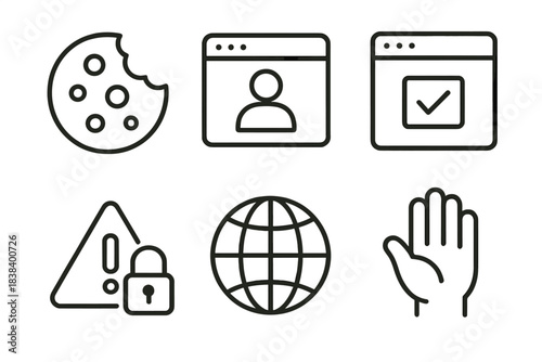 Cookie, web profile, browser checks, security alert, global network, hand signal icons