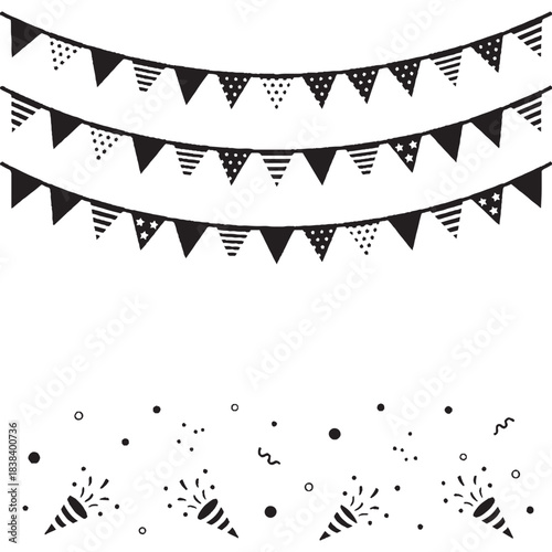 black and white background with stars,new year party pennant flags and confetti silhouette vector, black bunting and decoration graphic elements, festive holiday banner and popper icons set