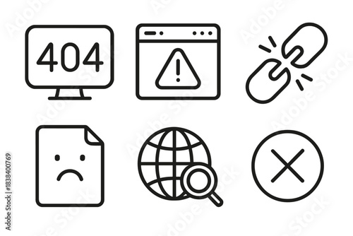 Web error icons: 404, broken link, warning, sad file, globe, cancel