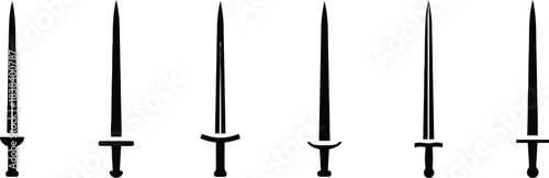sword, blade, weapon, medieval, ancient, history, combat, warrior, knight, military, steel, sharp, edge, metal, silhouette, icon, symbol, design, illustration, collection, variety, different, shapes