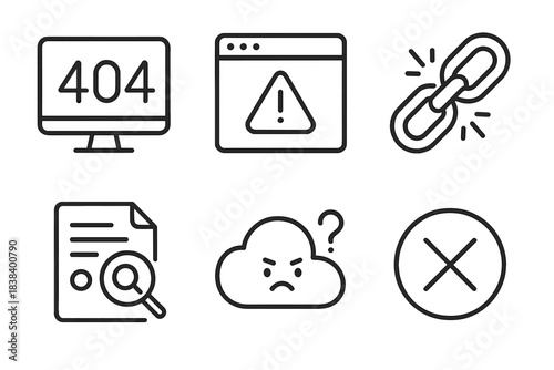Error icons: 404, broken link, document search, cloud issue, cancel symbol