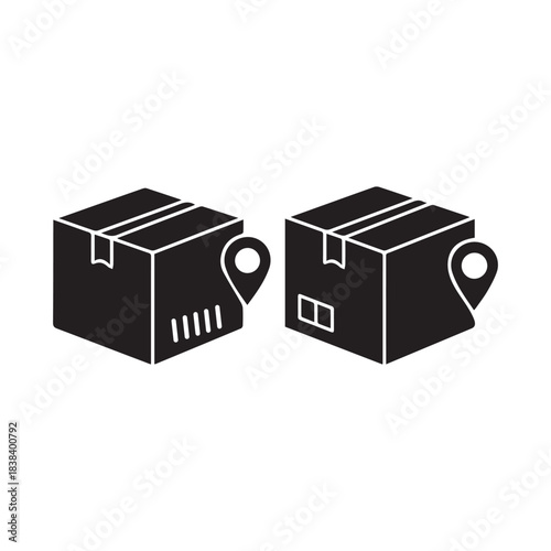 Two delivery boxes with location pins isolated on white