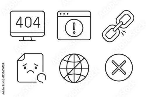 Internet error icons: 404, broken link, warning alert, sad document, globe, cross symbol set