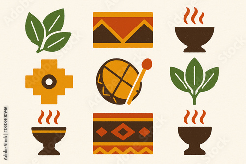 Peruvian traditional rituals vector icons in torn textured geometric grid on white background